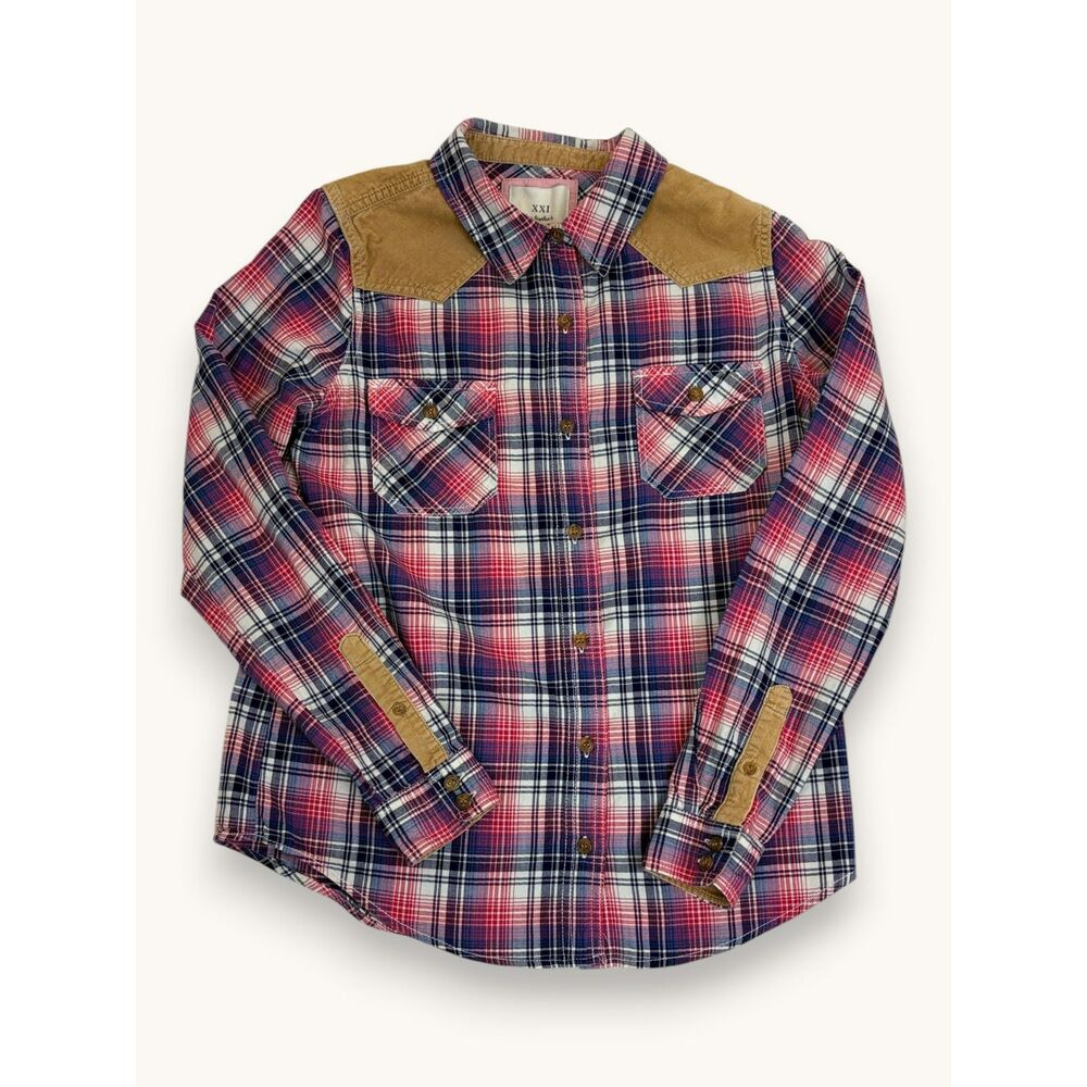 Forever 21 Plaid Western Boho Shirt Shoulder Patches Cowgirl Ranch Rodeo Sm